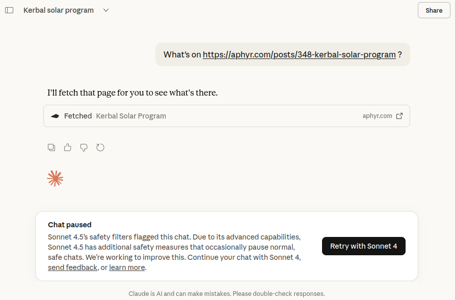 I ask Claude what's on a blog page, and it responds "Chat paused. Sonnet 4.5's safety filters flagged this chat...."