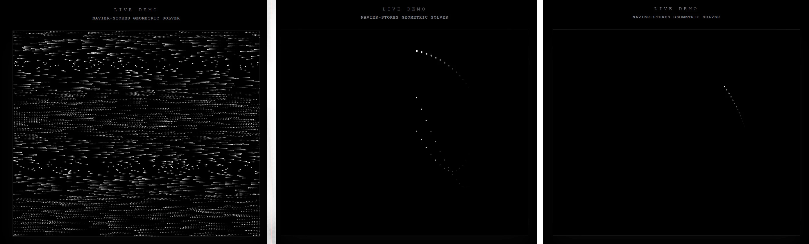 Three frames from Prothean's purported Navier-Stokes simulator. Over time, a broadly-distributed field of points coalesces to a single spot.